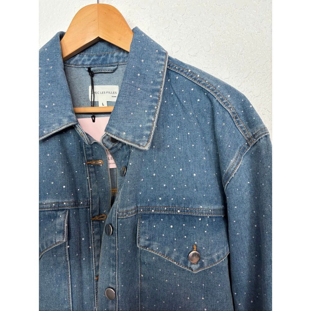 Avec Les Filles Rhinestone Denim Shacket Size L Embellished Button Front - Picture 5 of 12